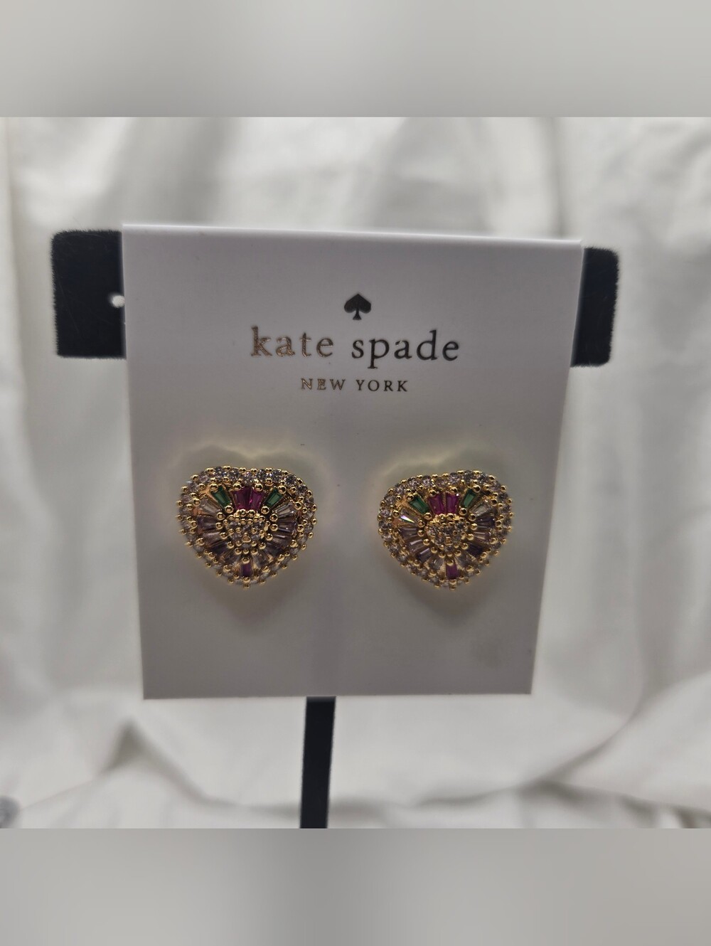 Late Spade Gold Heart Stud Earrings with Pink, Green & Purple Stones